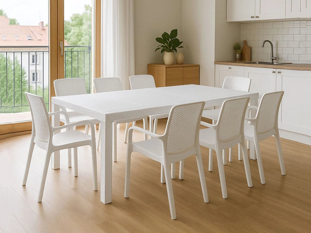 Set tavolo e sedie Cortanze, Salottino indoor, Tavolo rettangolare allungabile con 8 sedie con braccioli, Made in Italy, Bianco