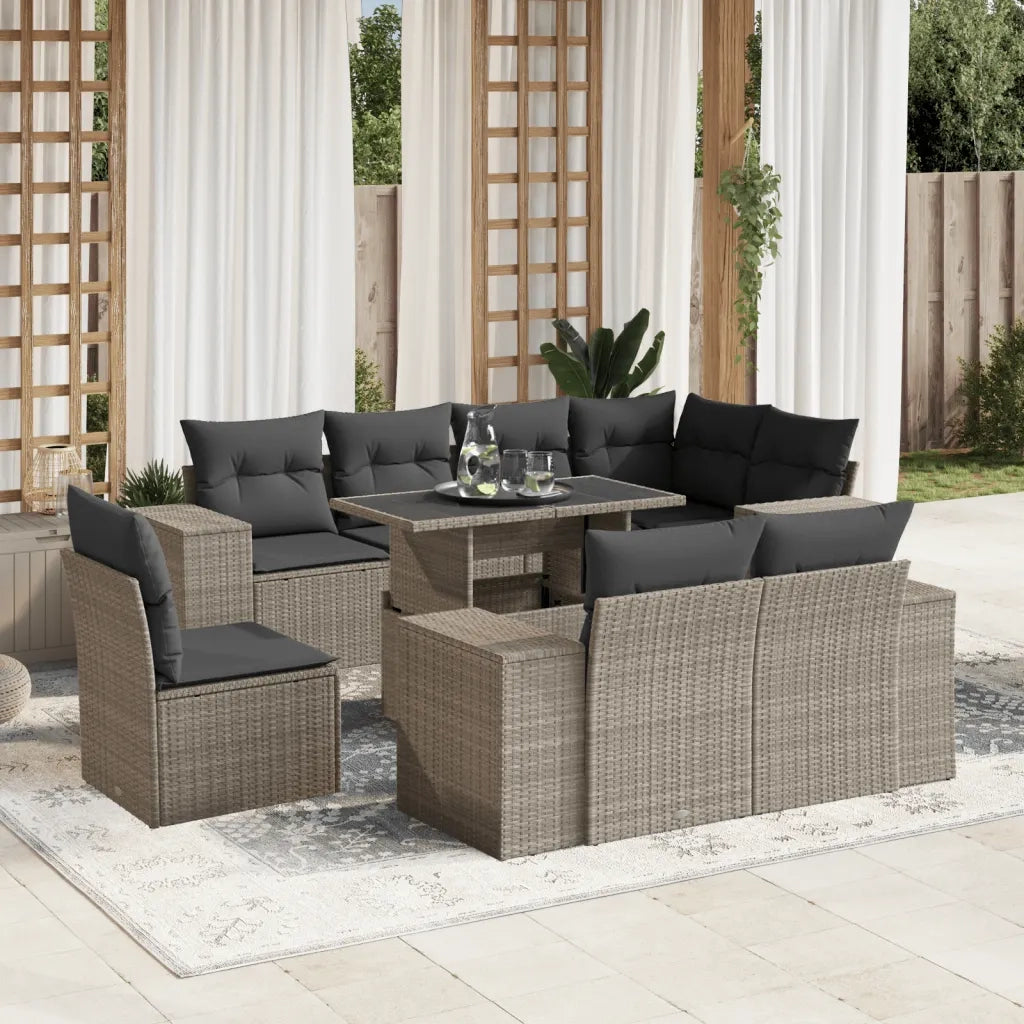 Set Divano da Giardino 9pz con Cuscini Grigio Chiaro Polyrattan