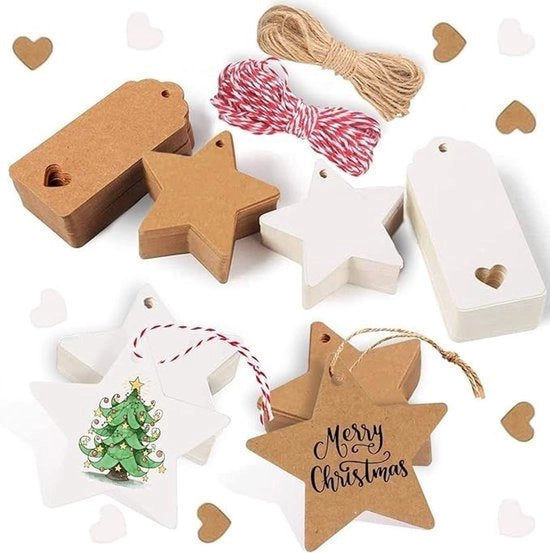 Etichette per Cadeau 100 pezzi - Etichette per Regali in Stelle - Hanger per Regali Matrimonio - Etichette per Regali in Scatola - Pacchetto di Regali - Inclusi 20 m di Corda