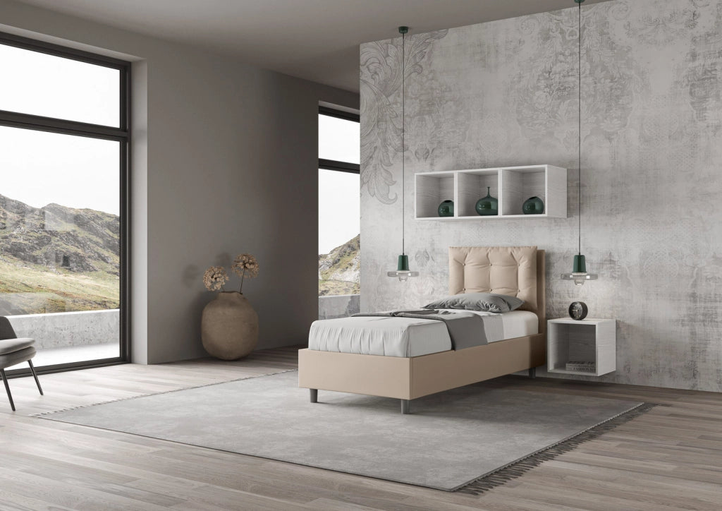 BS COM Letto singolo contenitore imbottito 80x210 similpelle tortora