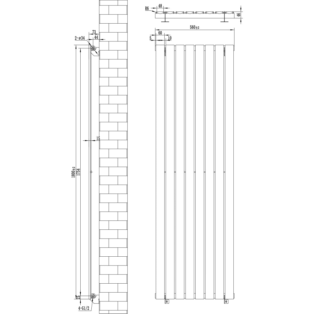 Radiatore Verticale 1800 x 560 mm con Valvole TRV Bianco