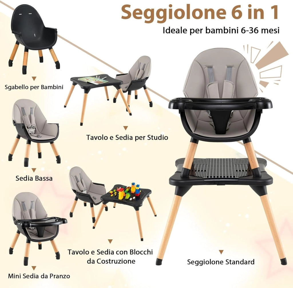 6-in-1 Seggiolone per Neonati, Seggiolone Prima Pappa, Tavolo e Sedia Convertibile per Bambini, Imbracatura di Sicurezza, Vassoio Rimovibile, per Bambini 6-36 Mesi (Grigio+Nero)