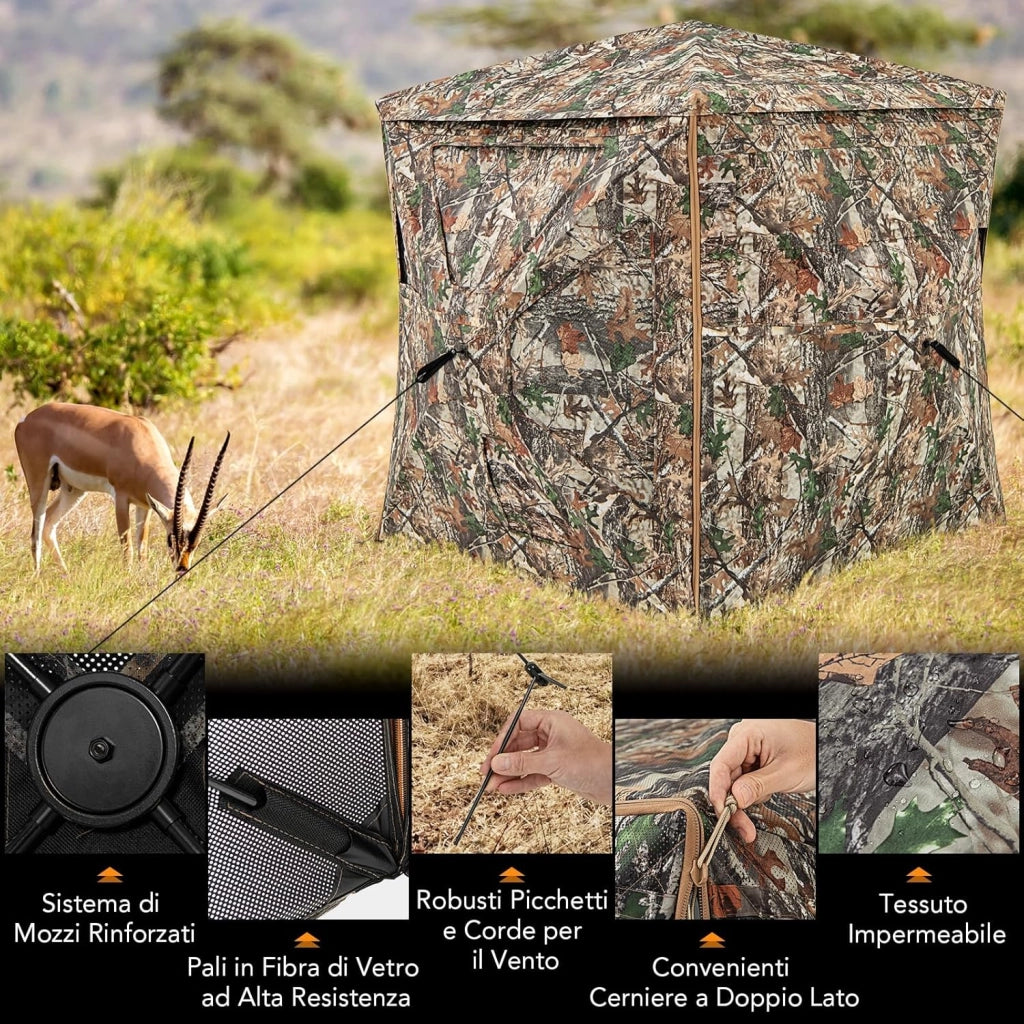 Tenda da Caccia 5 in 1 per 2-3 Persone, Tenda Mimetica a Visione a 360° per Caccia, Tenda Pop-Up Camouflage con Borsa da Trasporto, Attrezzatura Caccia Funzione da Recinto, 148 x 148 x 164 cm