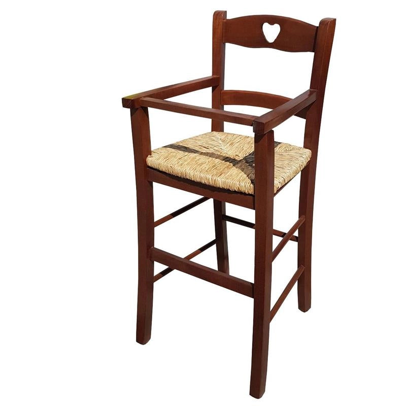 SEGGIOLONE IN LEGNO NOCE CON SEDUTA IN PAGLIA E CUORE INTAGLIATO SULLA SPALLIERA REALIZZATO IN FAGGIO 36×39×86 CM