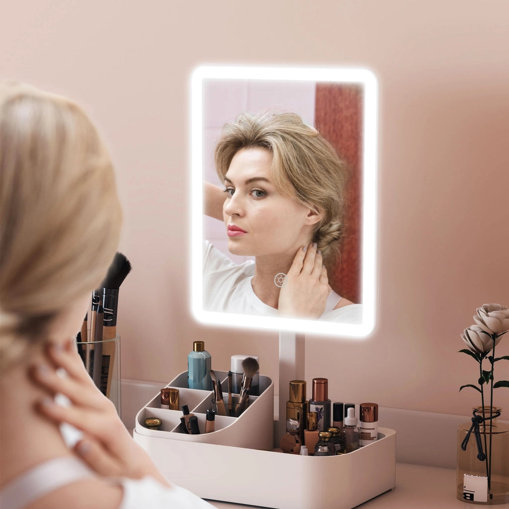 Specchio da Trucco con Luce Regolabile su 2 Livelli Rotazione 180° e Organizer per Trucchi Bianco