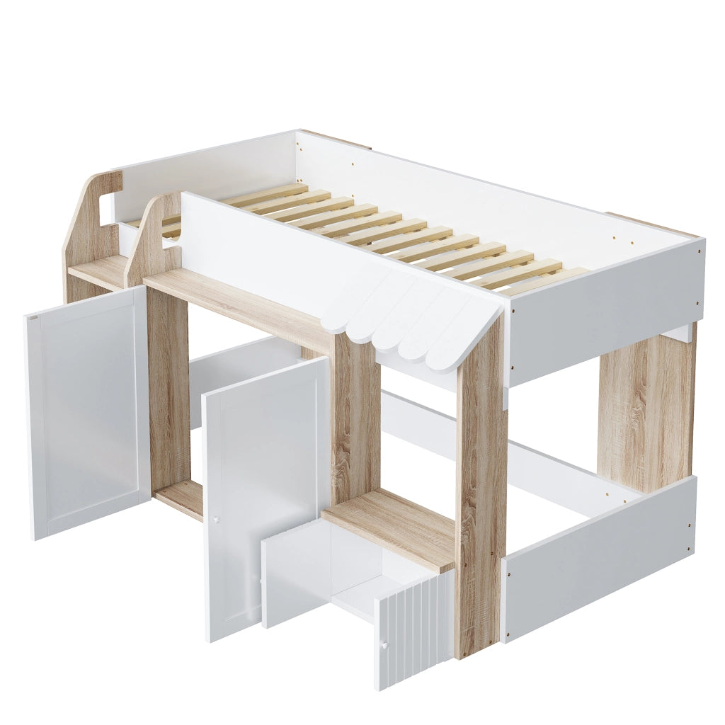 OKWISH Letto a soppalco 90×200 cm, Letto Singolo con Scala Ampia, Contenitore e Vani, senza Materasso, in Legno, Bianco Naturale
