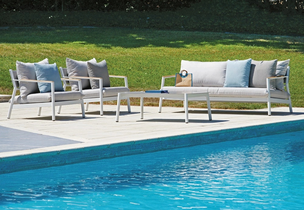 Salotto da esterno in alluminio bianco e teak Classic