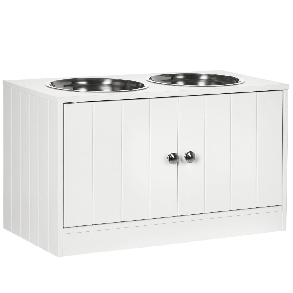 Ciotole per Cani Rialzate con Armadietto da 44L e 2 Ciotole in Acciaio, 60x30x35.5cm, Bianco
