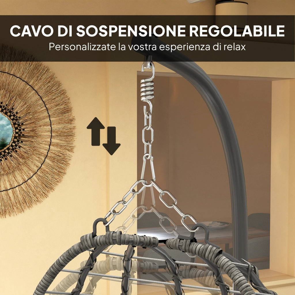 Sedia Sospesa a Uovo in Rattan con Cuscino ¨C Zephmum ¨C Grigio, Altezza Regolabile