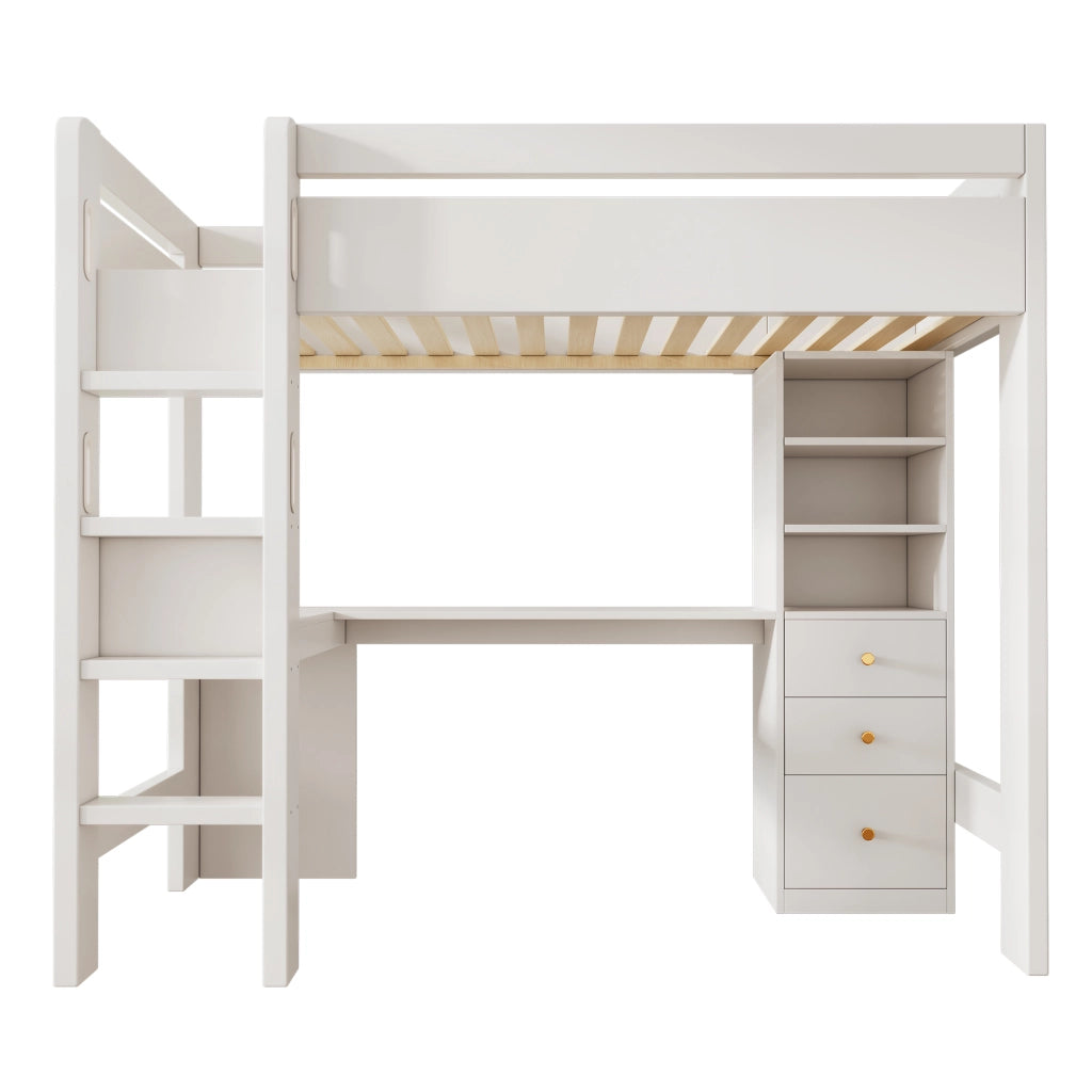Letto a castello – 90x200 cm – scrivania L USBC ripiani – bianco