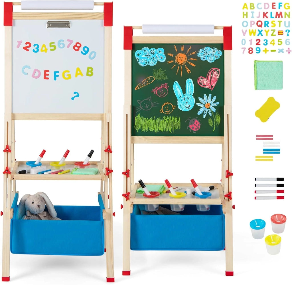 Cavalletto per Bambini Regolabile in Altezza in Legno, Cavalletto a Doppio Lato con Lavagna Magnetica e Bianca, con Scatola, Magneti con Lettere e Numeri, per Bambini 3-8 Anni