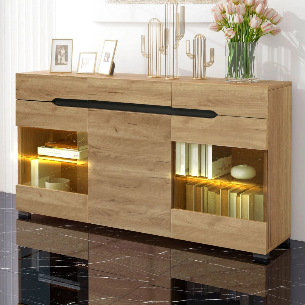 Credenza moderna rovere con LED, 3 vani e 3 cassetti