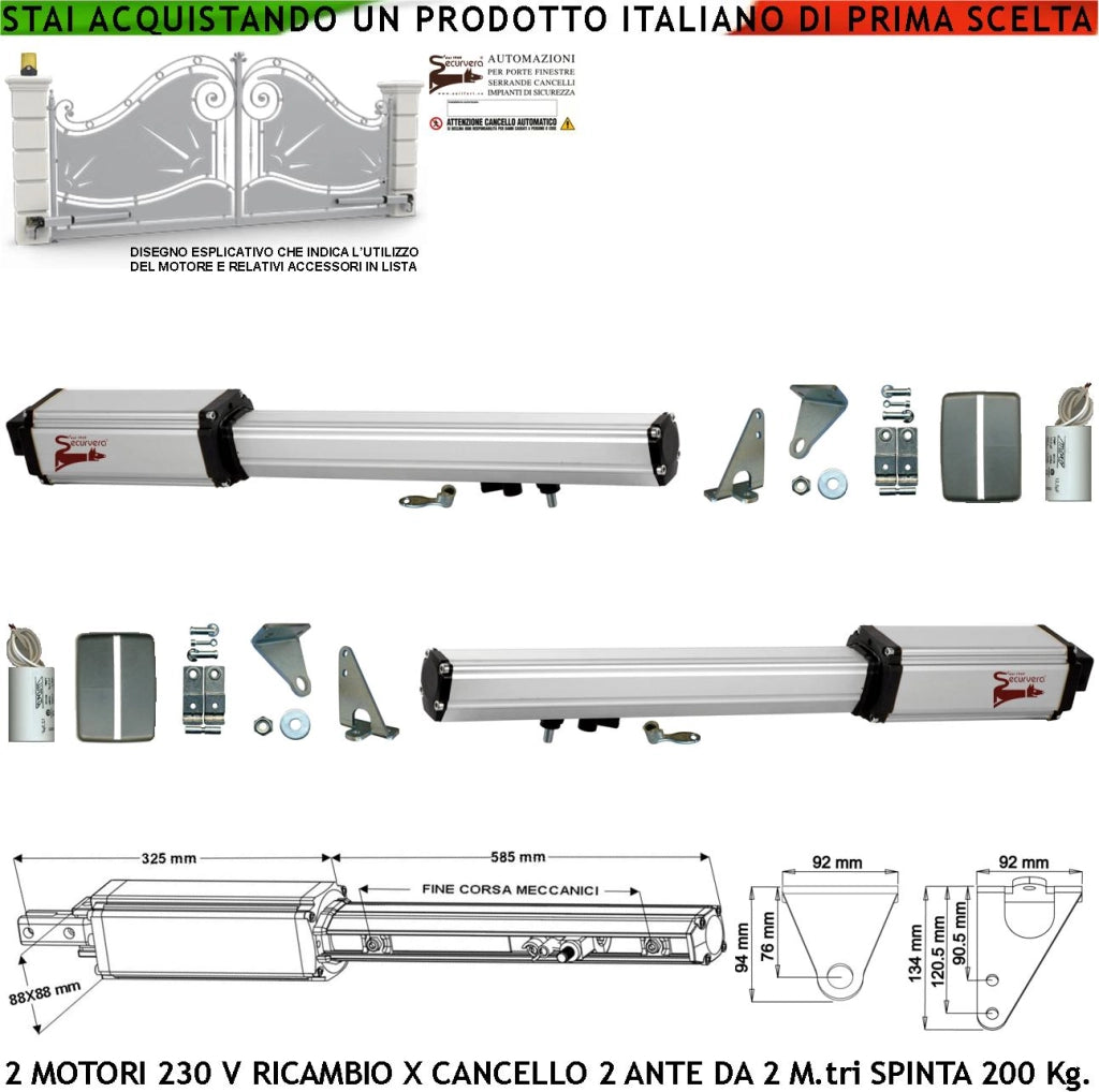 Pistoni Cancello Automatico 4 Metri 2 Ante 2 Motoriduttori di Ricambio 220 V Corsa 300 mm Spinta 2 Q.li 2 Condensatori 16 µF Kit Staffe Chiave Sblocco sul Carrello di Traino Compatibili a Qualsiasi Elettronica BTF Poteco Misure 810X88X88 mm