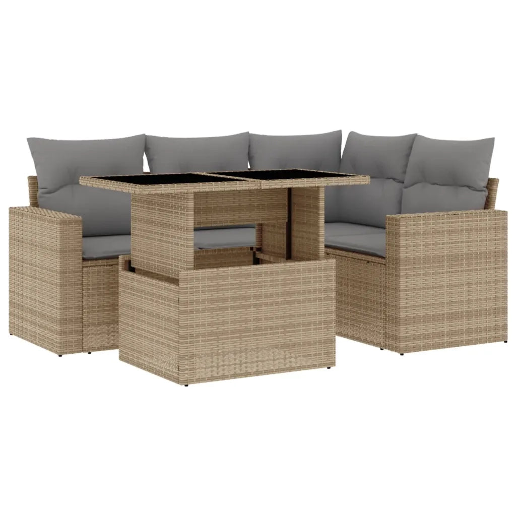 Set Divano da Giardino 5 pz con Cuscini Beige in Polyrattan
