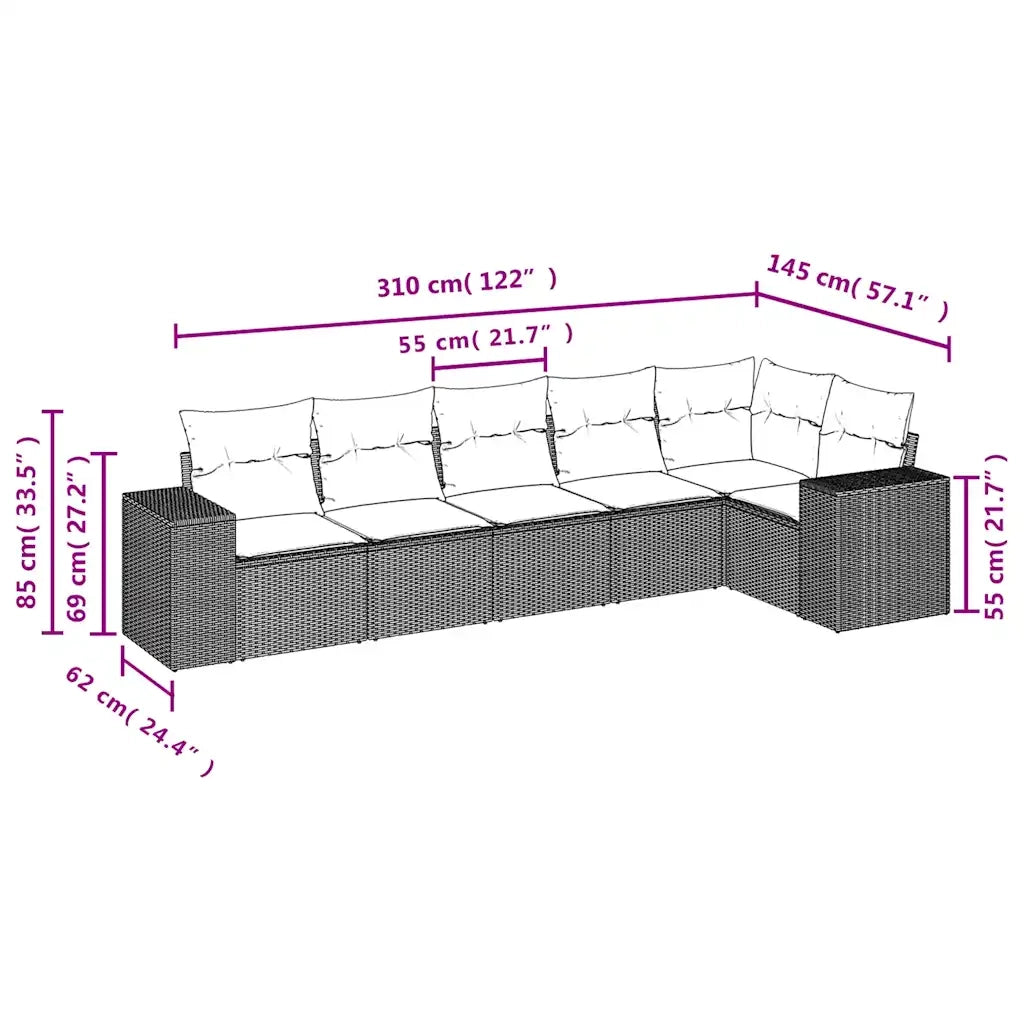Set Divano da Giardino 6 pz con Cuscini Marrone in Polyrattan 3222592