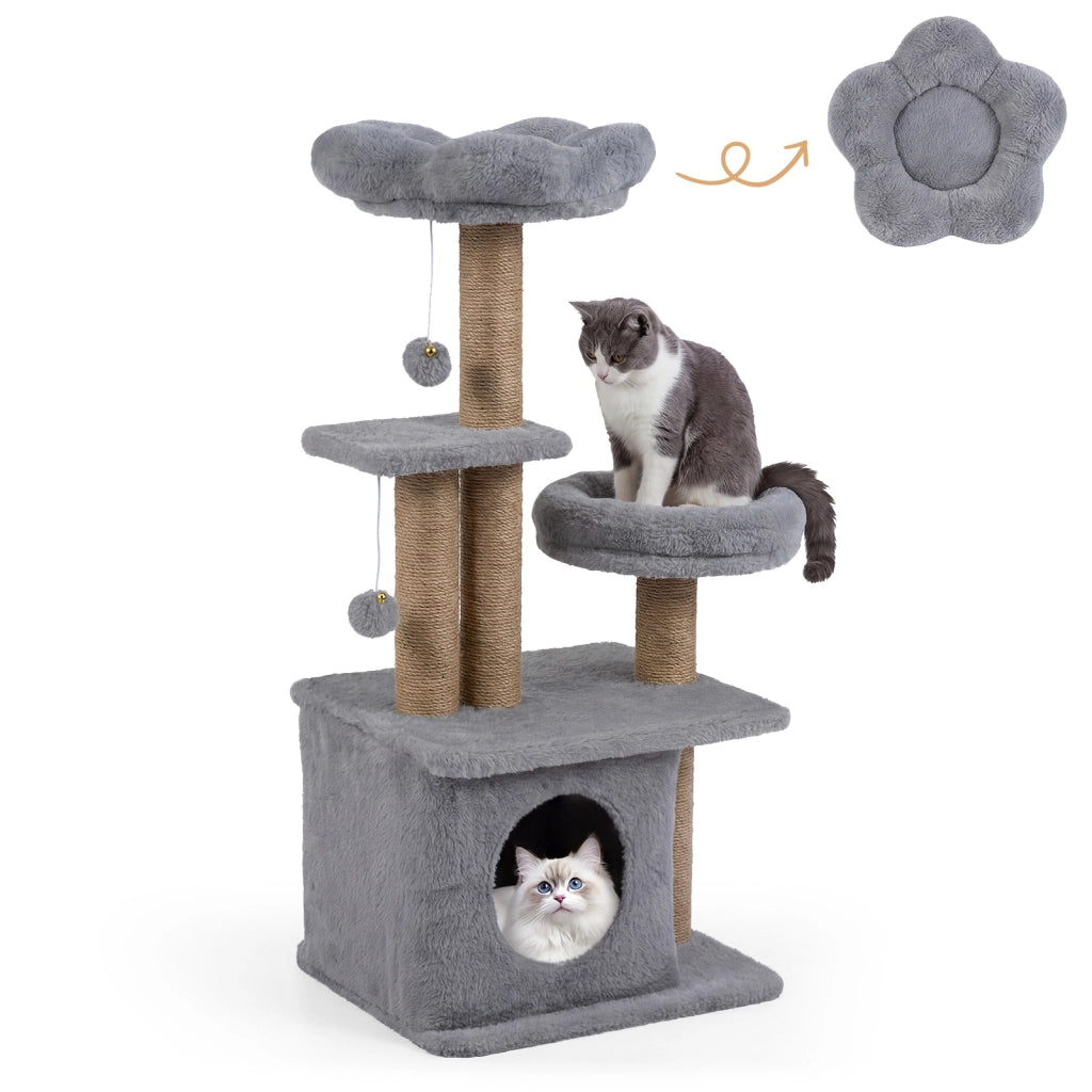 Albero per gatti torre per gatti alta 96 cm 2 palline con campanelli appese, Condo accogliente letto per gatti posti per graffiare Grigio