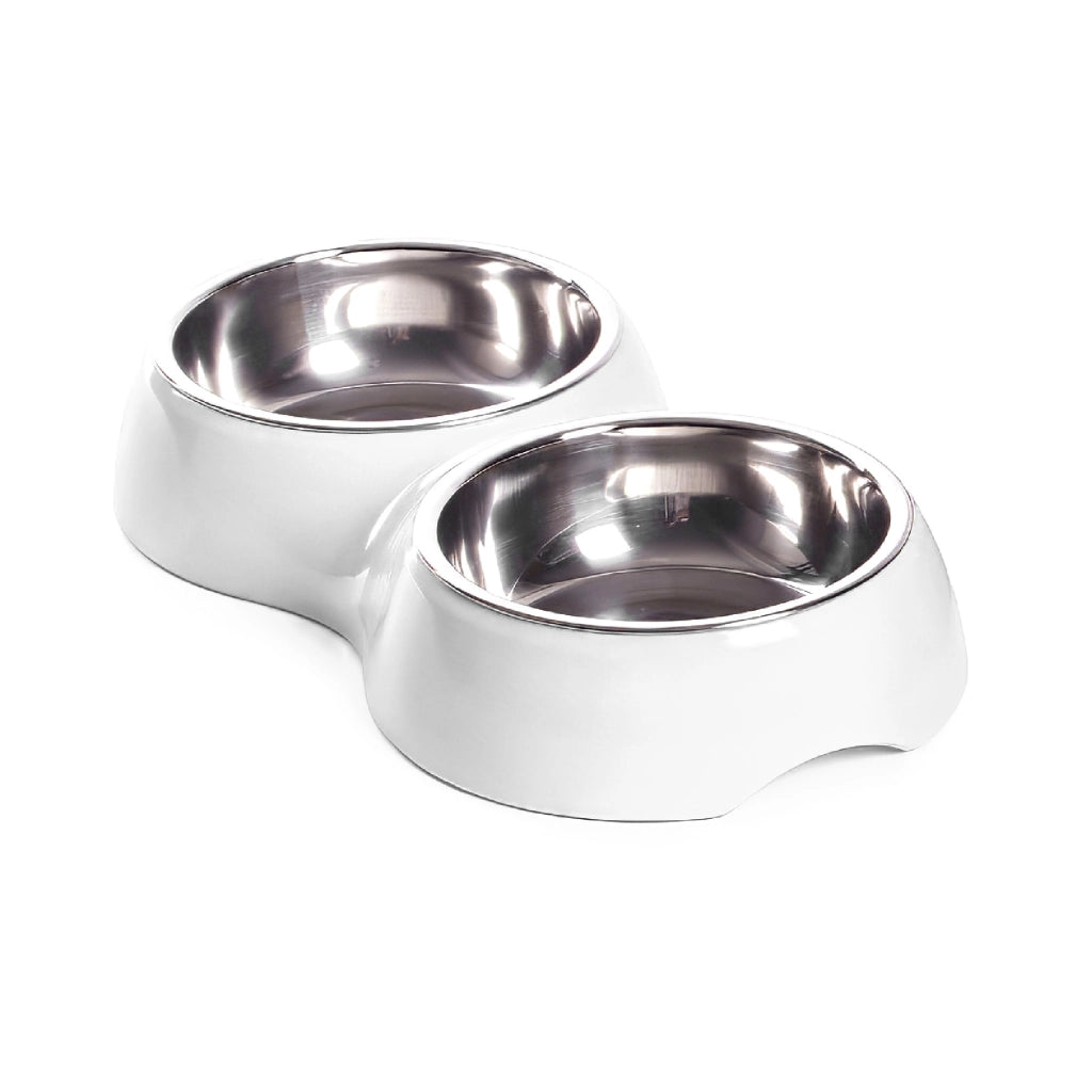 Ciotola Doppia per Cani e Gatti con 2 Vaschette in Acciaio Inox da 0,8 L, Dispenser Acqua e Cibo, Base in Plastica Resistente, 20,5 x 20,5 x 6 cm Bianco