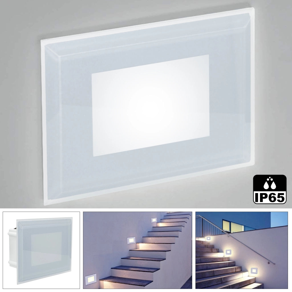 Faretto LED 3W segnapassi vetro IP65 incasso muro scatola 503 luce balcone viale giardino scale gradini 230V 4000K