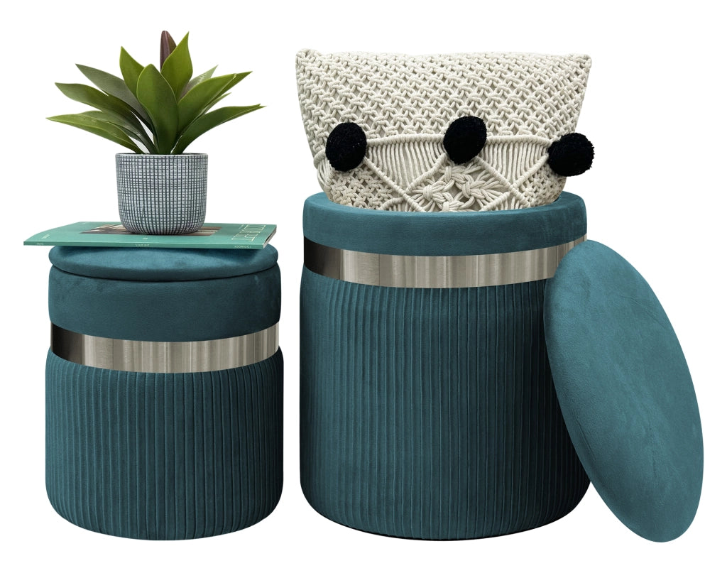 Set Di 2 Pouf Contenitori In Velluto Design Moderno Poggiapiedi,Sgabello Tondo con Coperchio Rimovibile e Seduta Imbottita Alta DensitÃ  Con Fascia In Metallo Contenitore Capiente Storage Box Petrolio