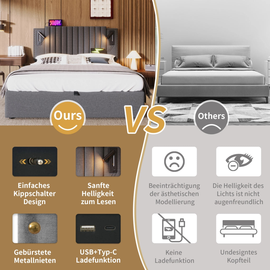 Letto matrimoniale – 140x200 cm – luce USB borchie rete – cotone grigio