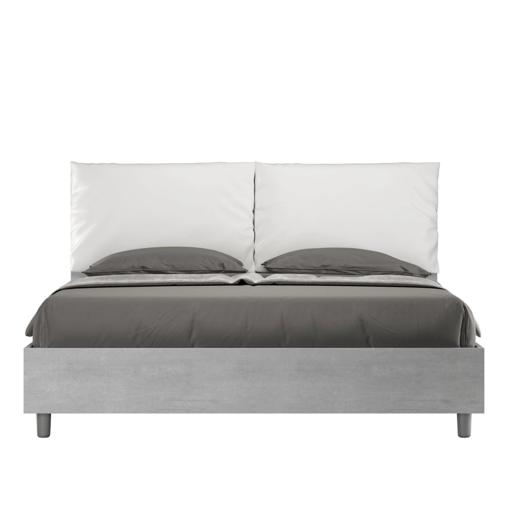 BS COM Letto matrimoniale con rete 160x200 Cemento cuscini similpelle bianco