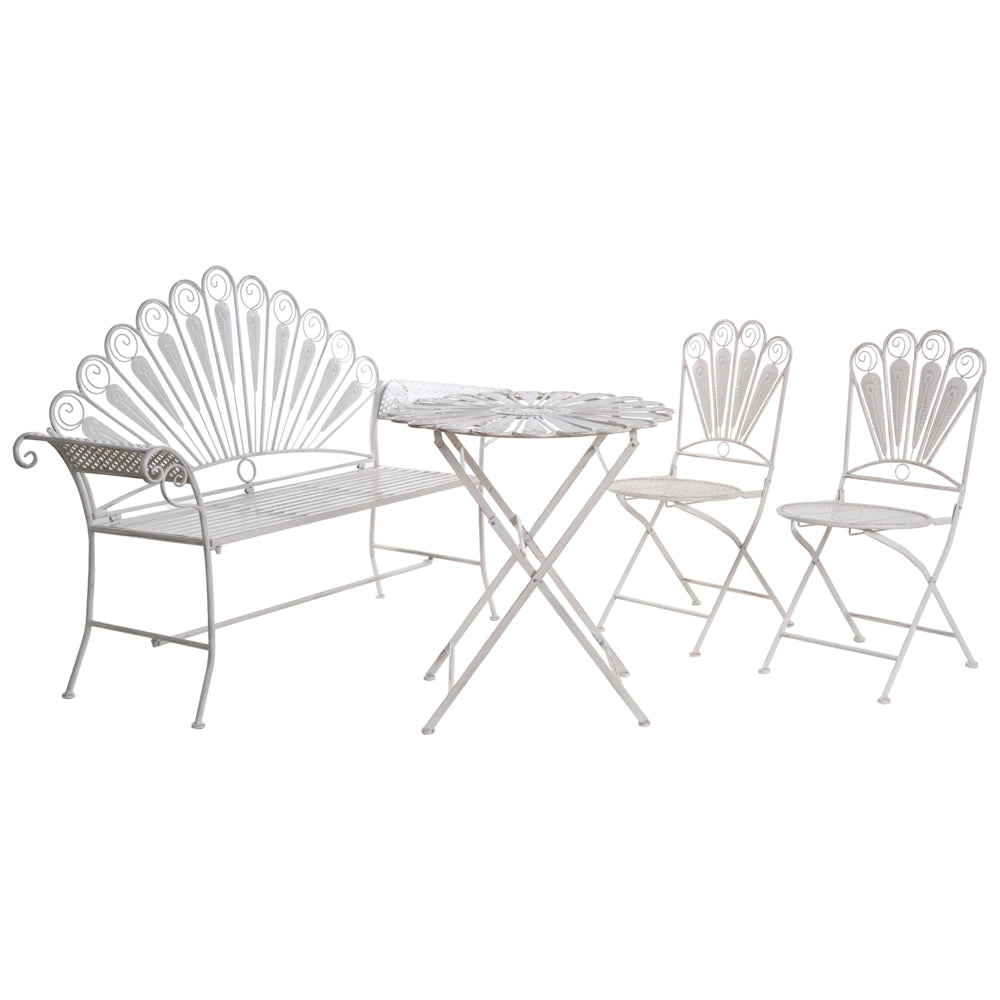 Set da giardino per bistrot Tavolo, panca e sedie in metallo verniciato a polvere bianco sporco Motivo pavone Effetto invecchiato