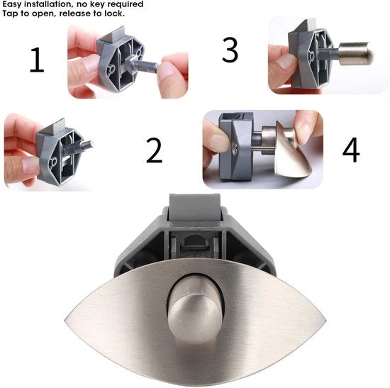 Serratura per porta armadio senza chiave - Blocco di sicurezza a pulsante - Rilievo a gomito - Adatto per porte armadio da 12-25mm - Facile da utilizzare - Incluso 10 accessori - Serratura per porta armadio