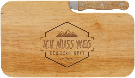 Tavolo da bar in legno con incisione "Devo andare - la montagna chiama" e coltello | 26 x 15 cm | Tavolo da colazione, tavolo da taglio in legno, tavolo da bar | Regalo per escursionisti e appassionati di montagna