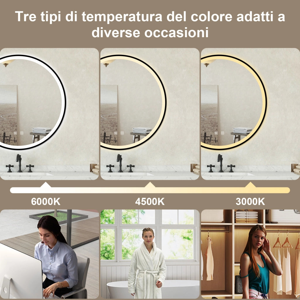Specchio bagno Tondo Diametro 80cm Retroilluminato Con Led, Antiappannamento + 3 Luci