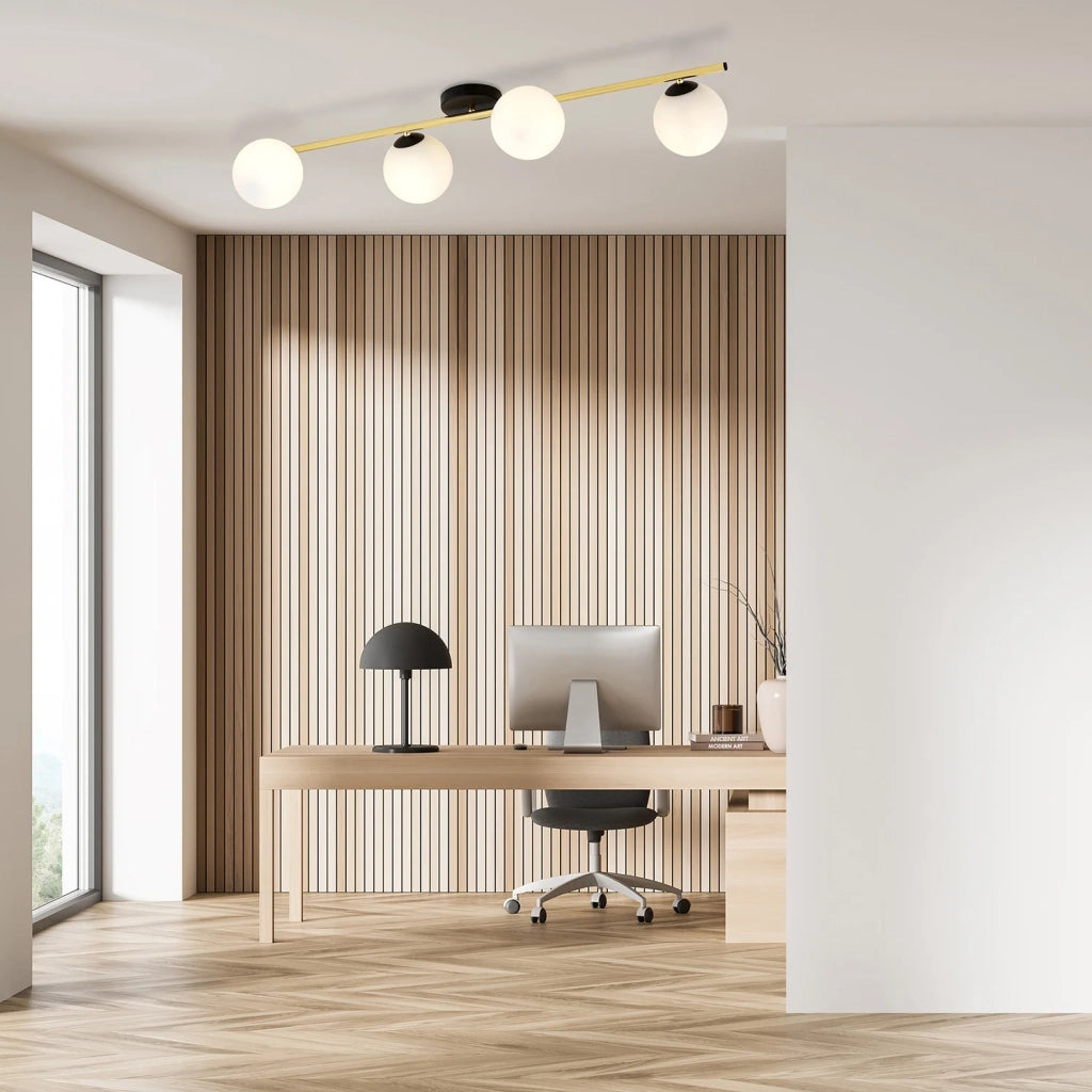 Plafoniera Contemporanea 4 Luci Eracle In Acciaio Oro/Nero E Sfere Vetro Bianco
