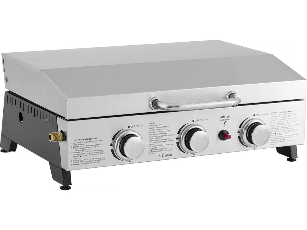 Piastra a gas con 3 bruciatori e coperchio in metallo "Fasto" - 7,5 kw - Grigio