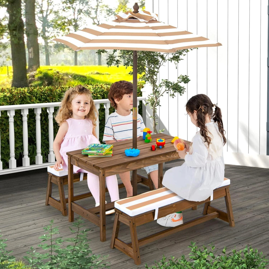 Tavolo da Picnic per Bambini con Parasole Pieghevole, Set di Tavolo e Panca in Legno con Cuscini, per Giardino, Cortile, Patio (Marrone)