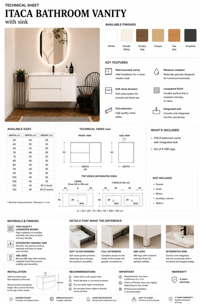 Mobile bagno con lavabo ORIGENBATH ITACA senza specchio 50x40 cm bianco