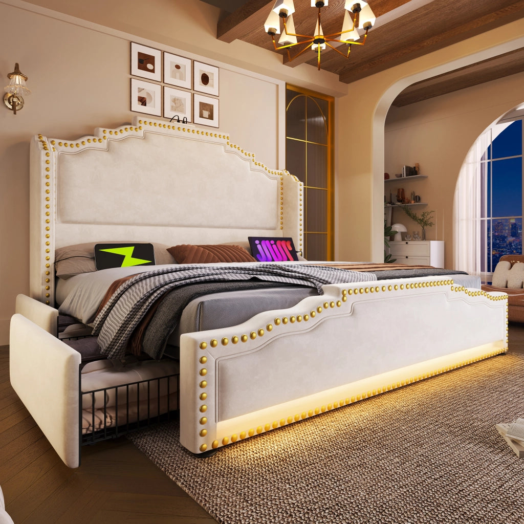 Letto matrimoniale – 140x200 cm – 4 cassetti LED USBC – velluto beige