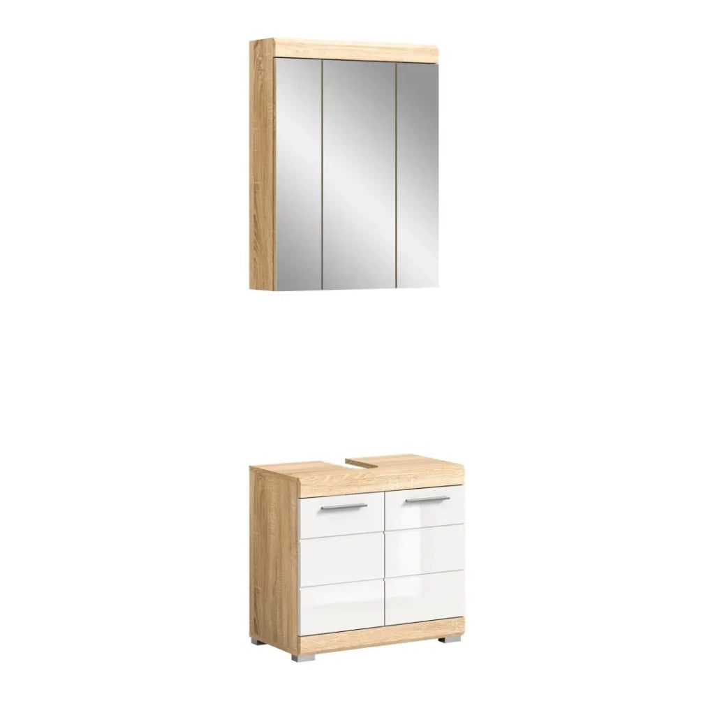 Set da bagno LEWOTO – Mobile sottolavabo e armadietto con specchio – Bianco e rovere