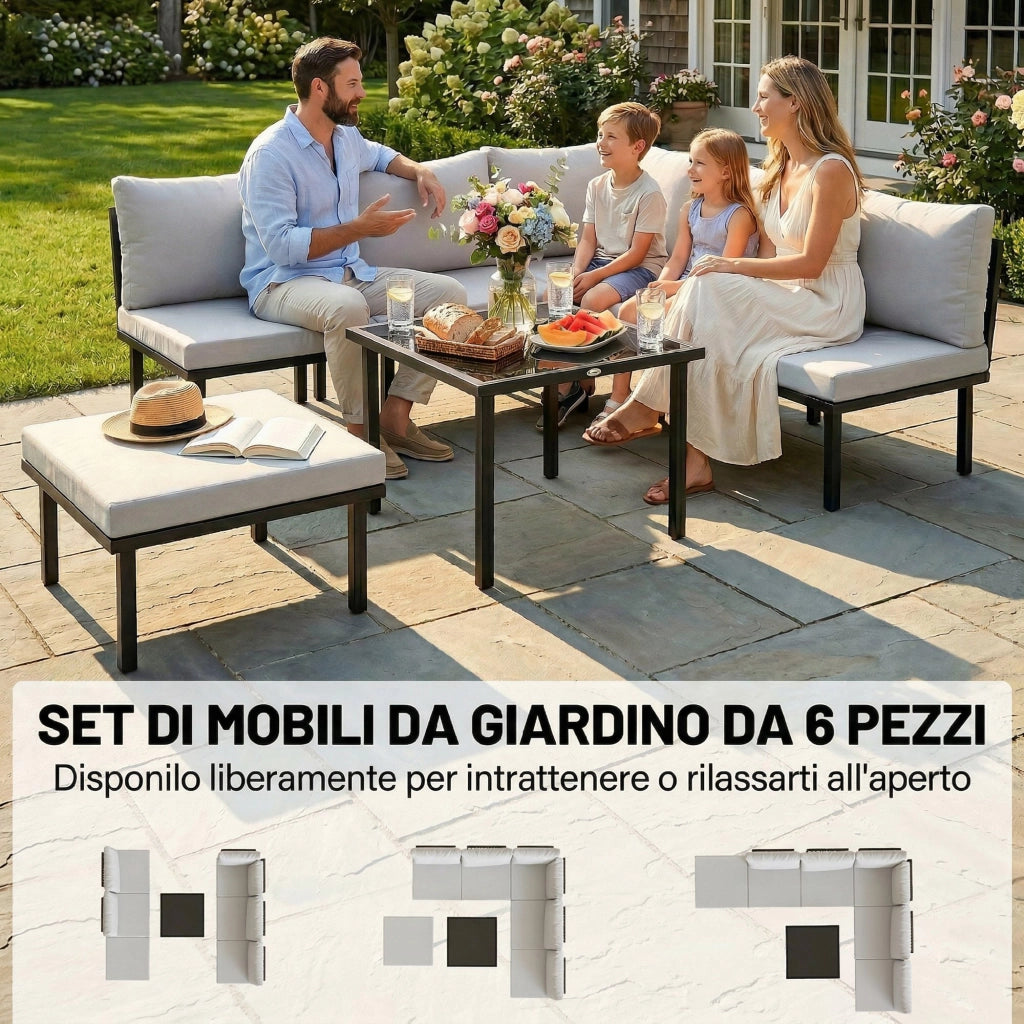 Set Divano Angolare Giardino 6 Posti con Cuscini ¨C Minimal ¨C Grigio Chiaro Metallo