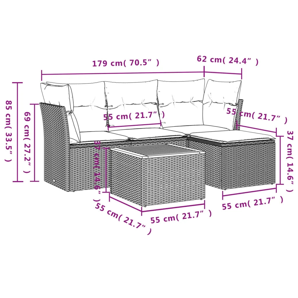 Set Divano da Giardino 5 pz con Cuscini-Sofa da Giardino-Divanetto da esterno Grigio in Polyrattan 164901