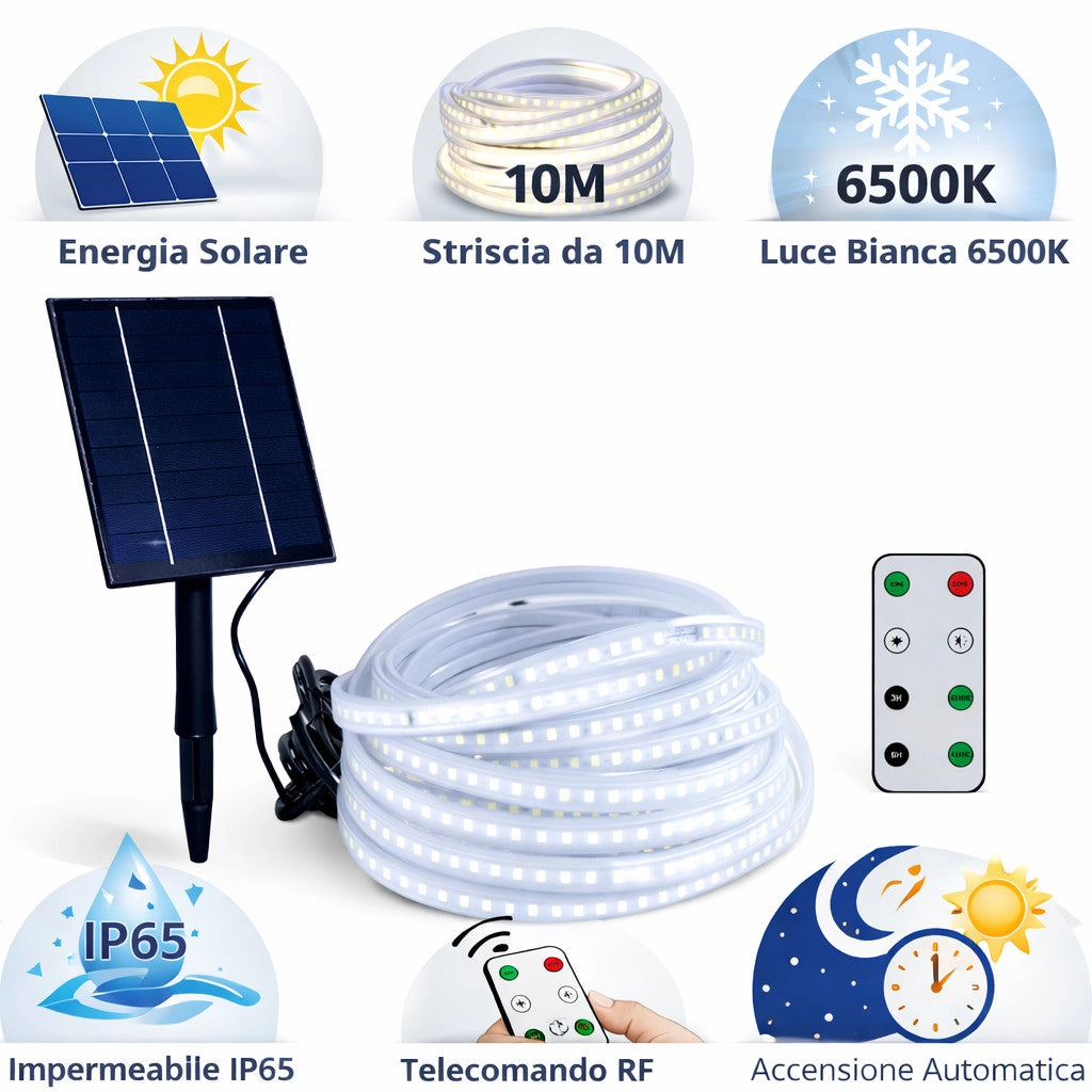 STRISCIA LED SOLARE 10 METRI TELECOMANDO BIANCO FREDDO 6500K ESTERNO ET-31611