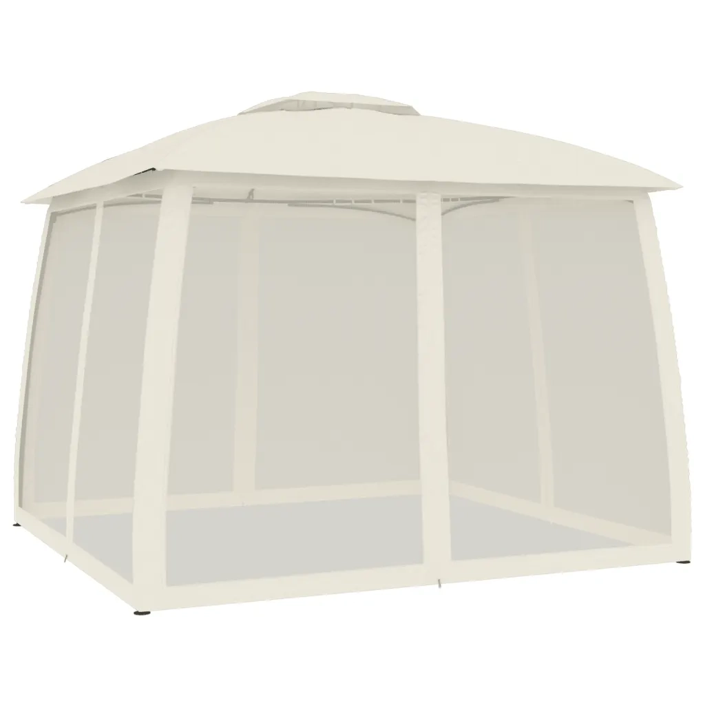 Gazebo | Pergolato con Tetto Doppio e Pareti Rete Crema 2,93x2,93 m Acciaio