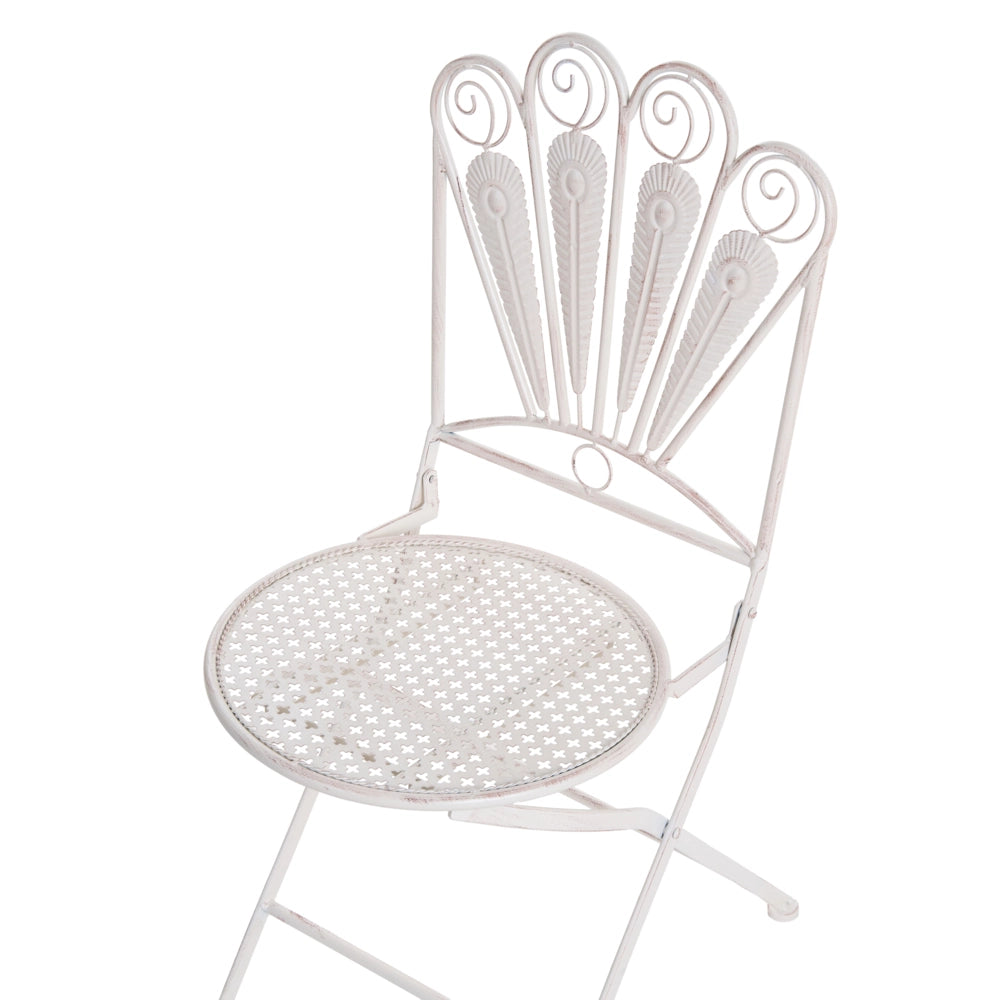 Set da giardino per bistrot Tavolo, panca e sedie in metallo verniciato a polvere bianco sporco Motivo pavone Effetto invecchiato