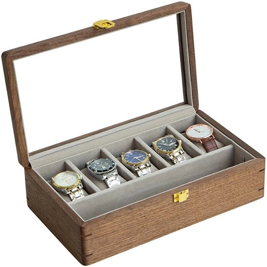 Cassettiera orologeria in musoowood, realizzata in legno massello nordamericano di noce con vetrino, cassettiera orologeria, contenitore orologeria 30x17,5x8,5cm