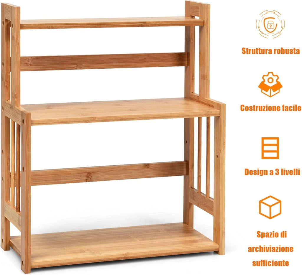 Porta Spezie a 3 Ripiani, Portaspezie Mensola per Cucina Bagno e Toletta, Organizzatore Supporto Porta Spezie in Legno bambù, Carico 20kg, 50 x 41,5 x 18 cm
