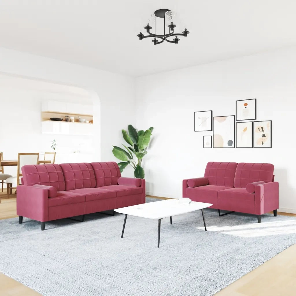 Set di Divani 2 pz con Cuscini e Rinforzi Rosso Vino in Velluto