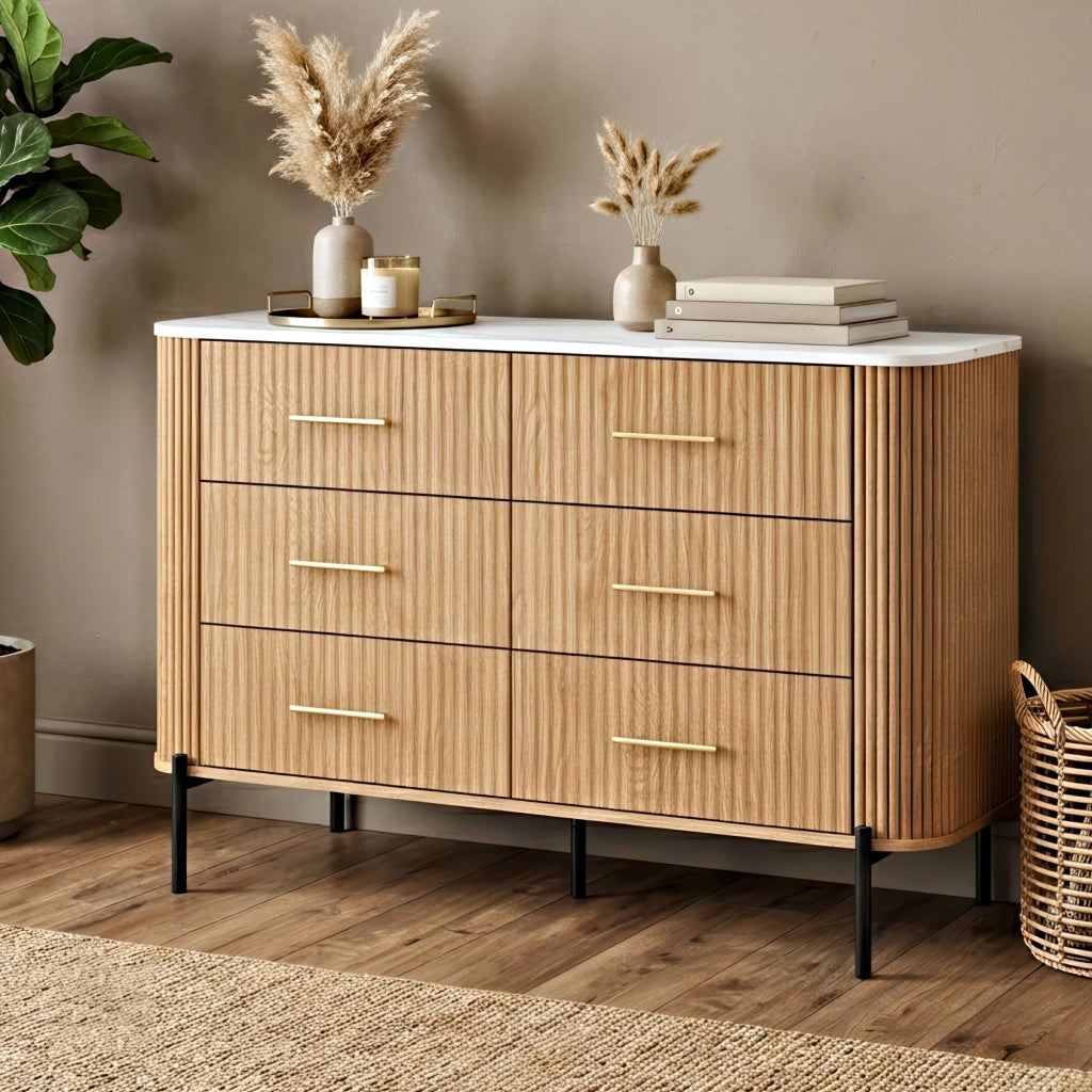 Cassettiera Kokunse Comò a 6 Cassetti 120x42x78 cm Effetto Rovere / Effetto Marmo Bianco [en.casa]