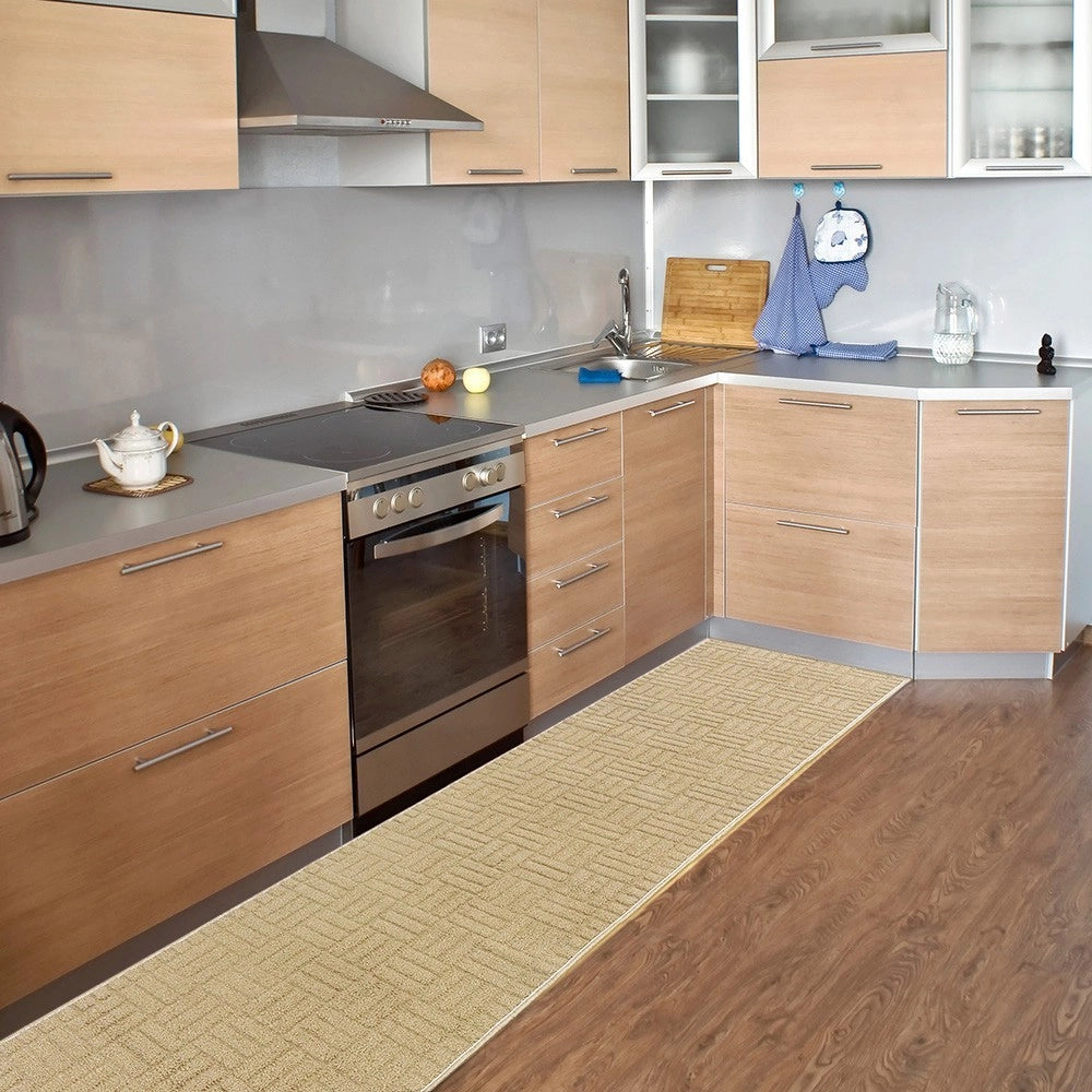 Tappeto Cucina Super Assorbente Tessitura 3D Tinta Unita Minimalista Moderno Beige - 50x145 Cm