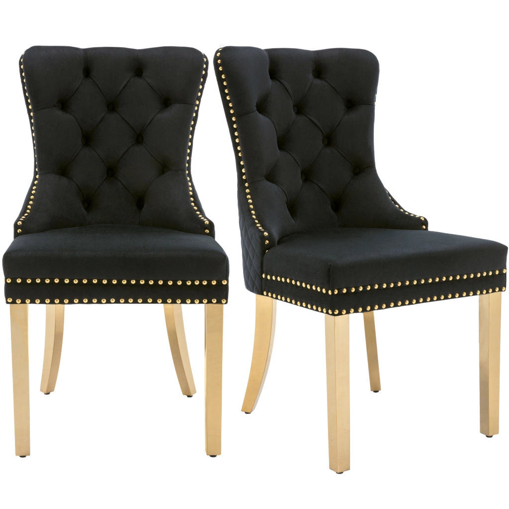 OKWISH Set di 2 Sedie da Pranzo con Anello sullo Schienale e Borchie Decorative, Gambe in Metallo Dorato, Velluto Nero