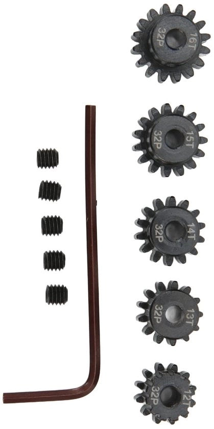 Set di Rondsel 12T/13T/14T/15T/16T - Acciaio Molybdeno - 32DP/0,8M - Adatto per 1/10 Auto RC - Apertura media 3,175 mm - Peso lordo 38 g - Trazione a denti