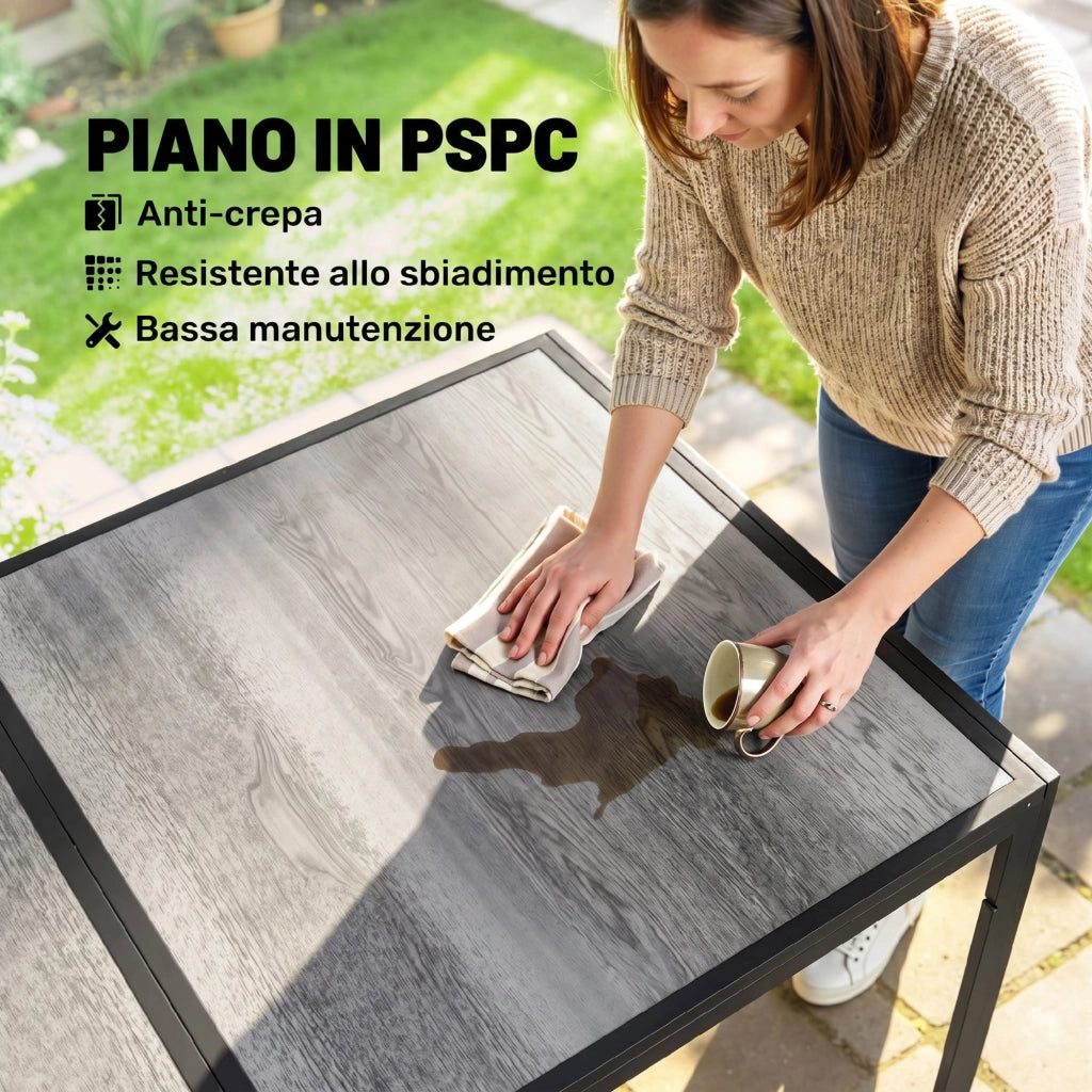 Tavolo da Giardino in Acciaio con Piano Effetto Legno 150x80x74 cm ¨C zephmum ¨C Grigio e Nero