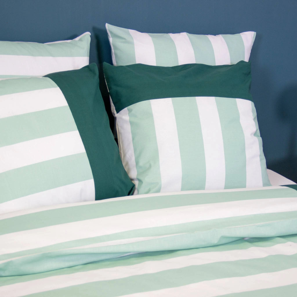Set biancheria da letto in cotone a righe bianco e verde, 2 posti