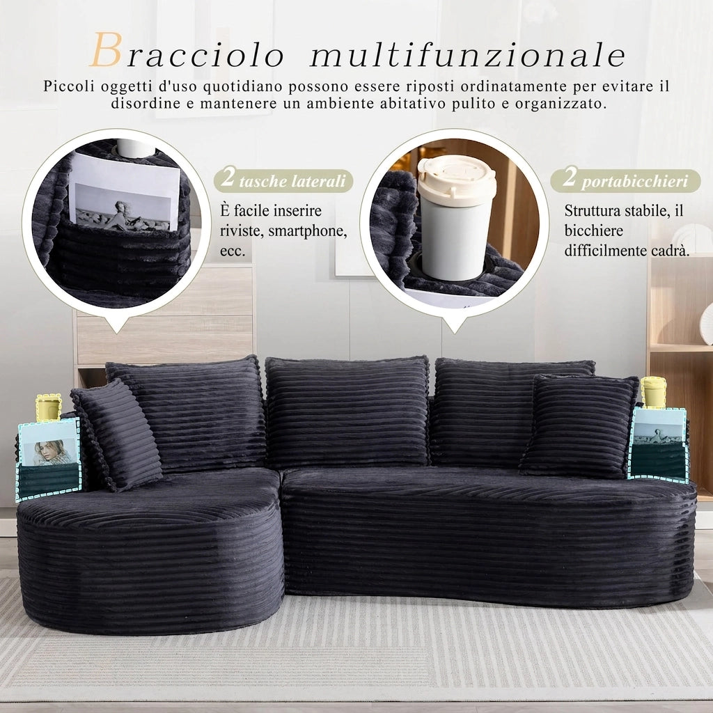 Divano in velluto a coste 250 cm curvo moderno con portabicchieri; schiuma ad alta densità